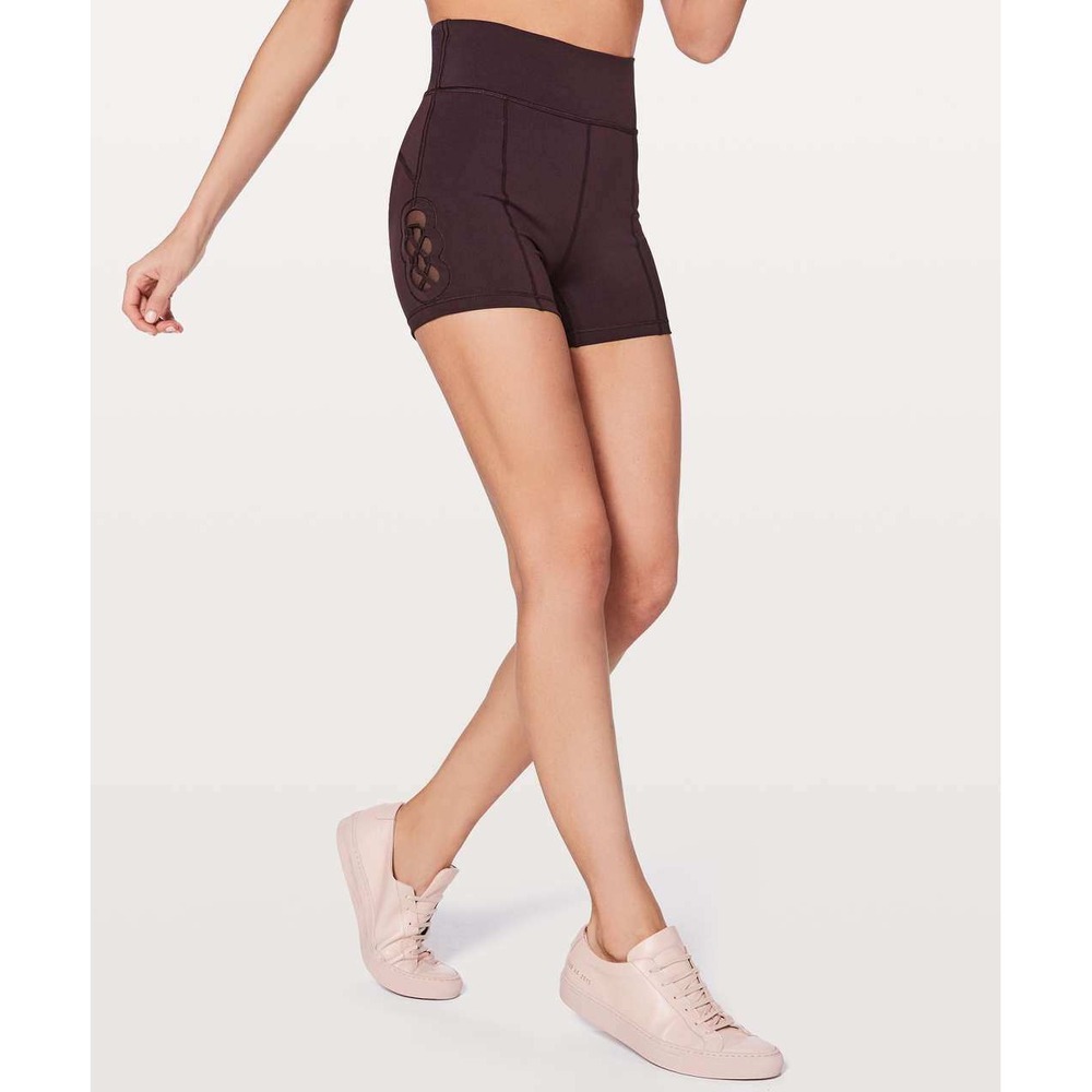 Lululemon Womens Tied To It Shorts Lace Up Mesh‎ Burgundy Black Cherry Rare Sz 8